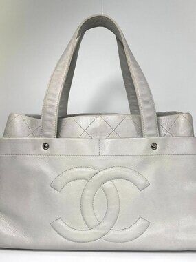 Chanel CC Logo Caviar Leather Tote Gray